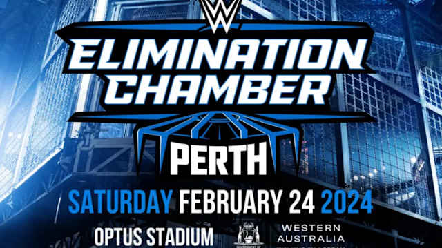 A promotional graphic for the 2024 WWE Elimination Chamber event in Perth.